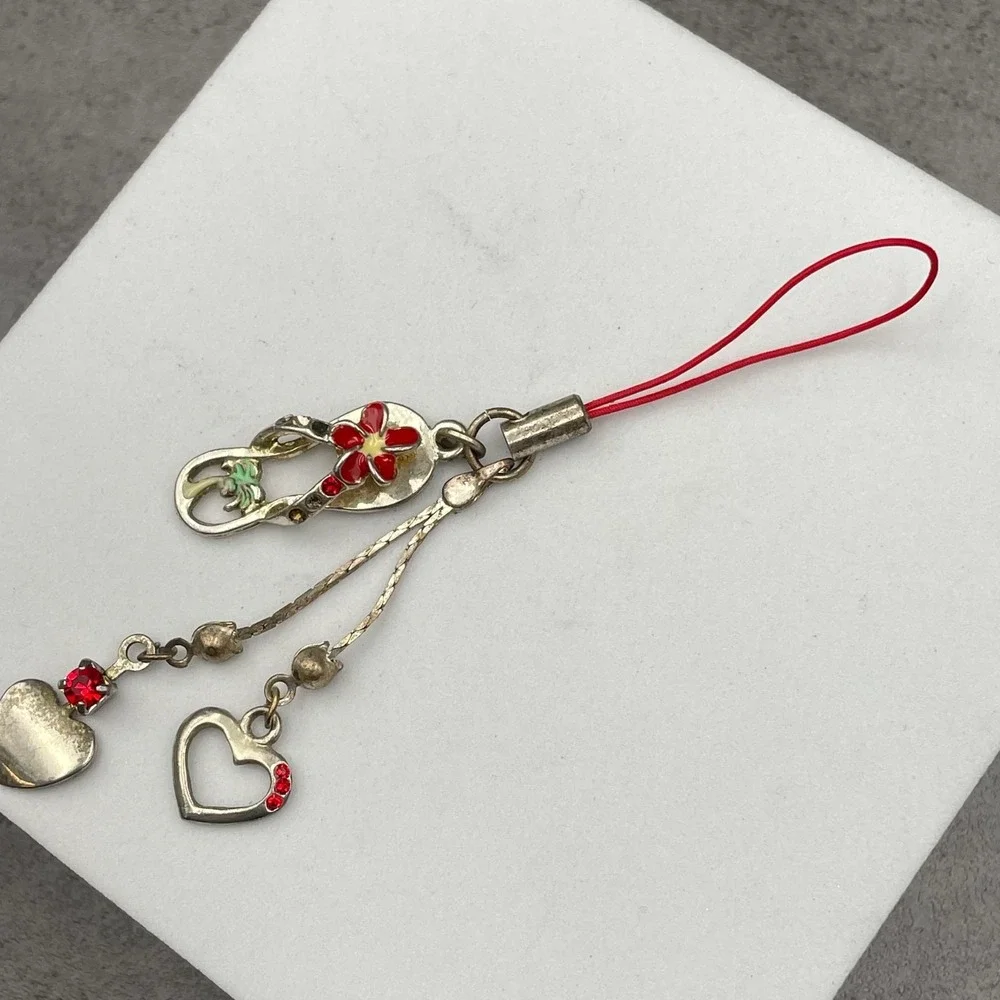 Y2K Silver-Tone Embellished Red Plumeria Flower Heart Dangle Cell Phone Charm